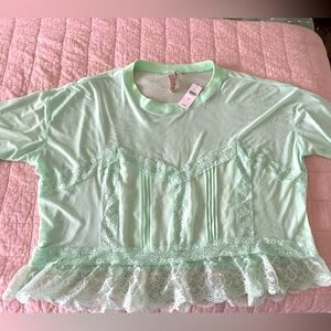 Anthropologie Mint Green Lace Trim Top